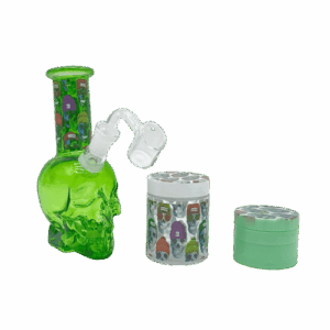 5 INCH SKULL BONG GIFT BOX SET WITH BONG, GRINDER, AND STORAGE CONTAINER 6 PIECE– GREEN - ARB230